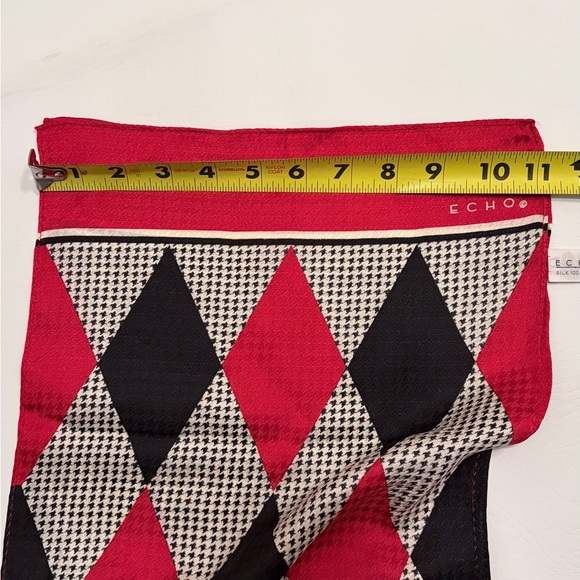 Echo 100% Silk Scarf Red White and Black Diamond Harlequin Pattern 11”x 59” - Picture 8 of 11